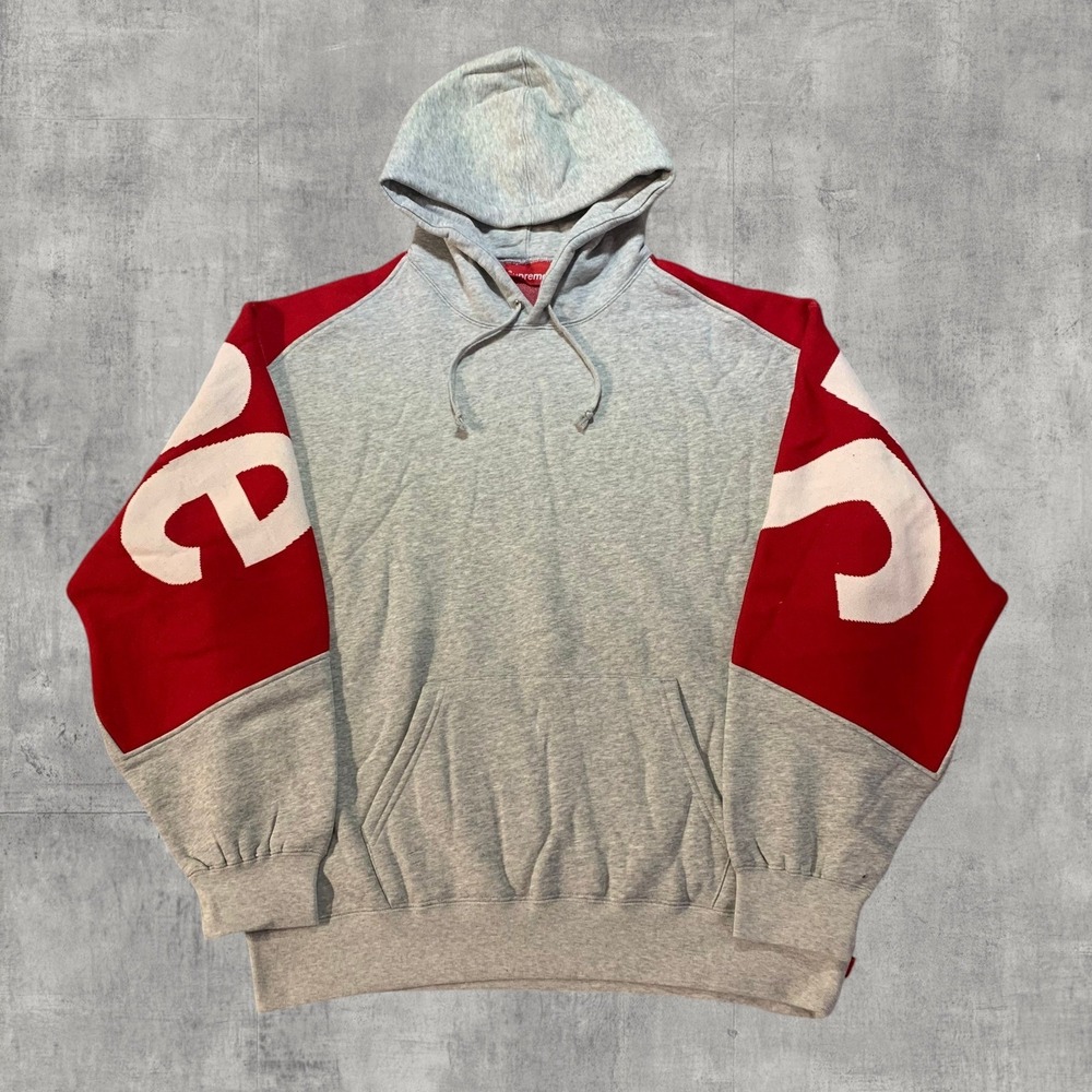 Supreme Big Logo Jacquard Hooded Sweatshirt Mens M Heather Grey Red FW23 NWT
